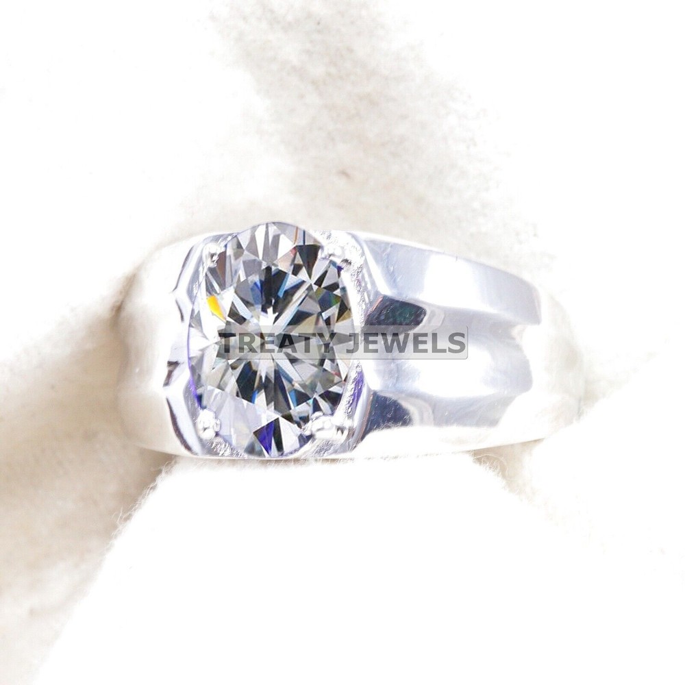 Moissanite Oval Cut Gemstone With 14K Solid White Gold Ring For Men's #B335