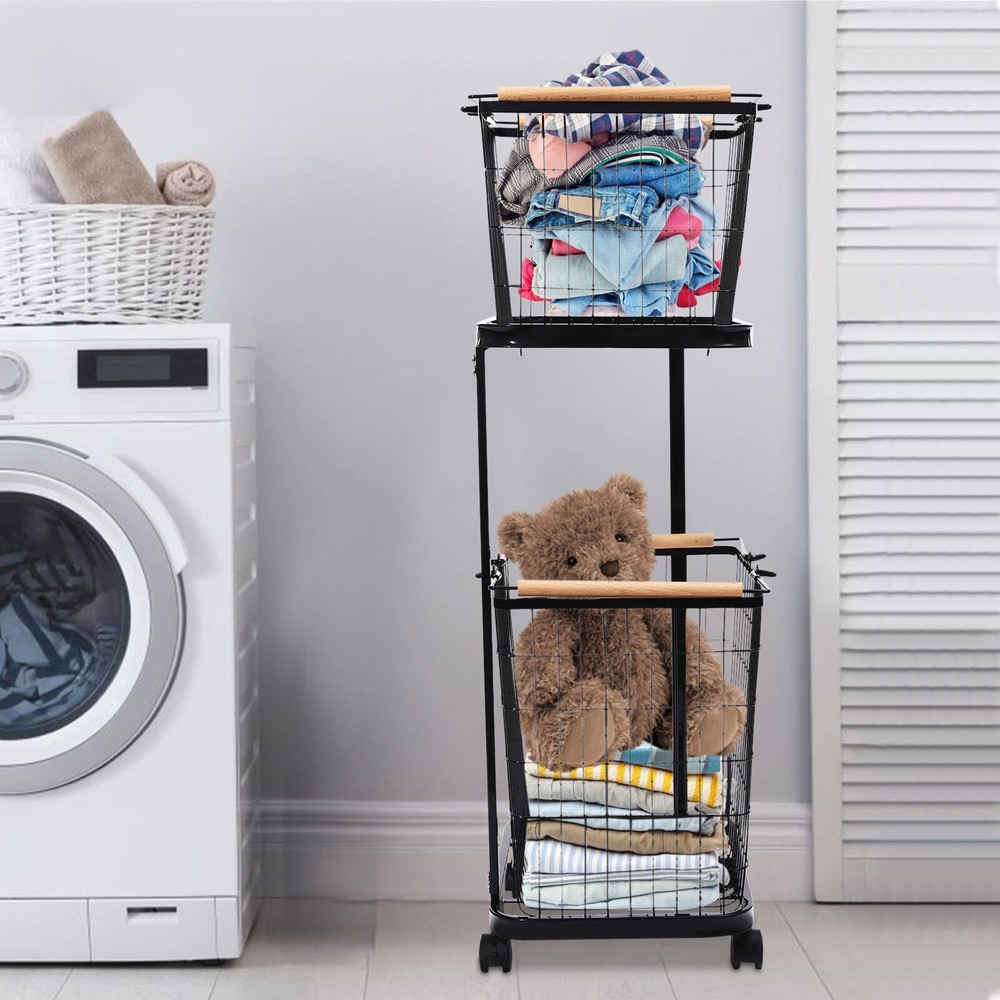 2 Tier Laundry Basket Metal Black Rectangular Laundry Basket With Wheels