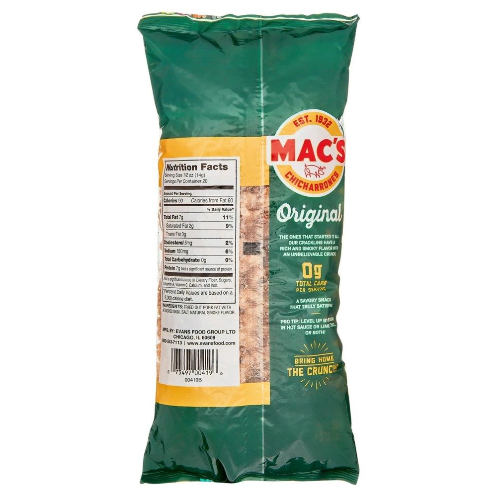 Mac's Chicharrones Original Pork Cracklins, 10 Oz.