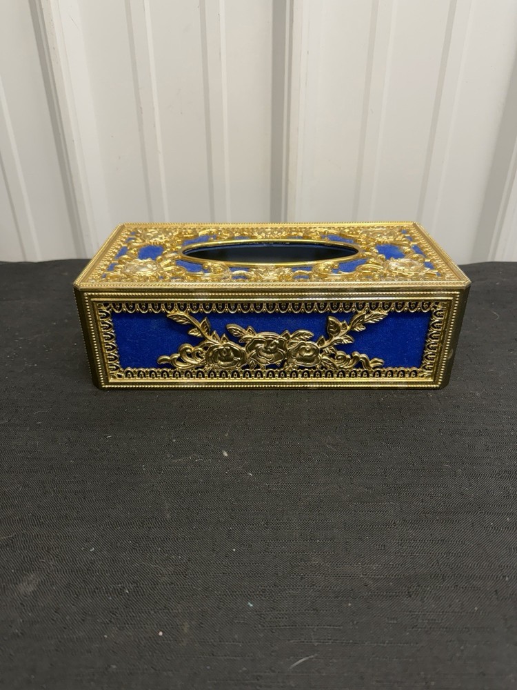 Tissue Box Cover Rectangle Gold Rose Floral Pattern Blue Felt Backing Plastic