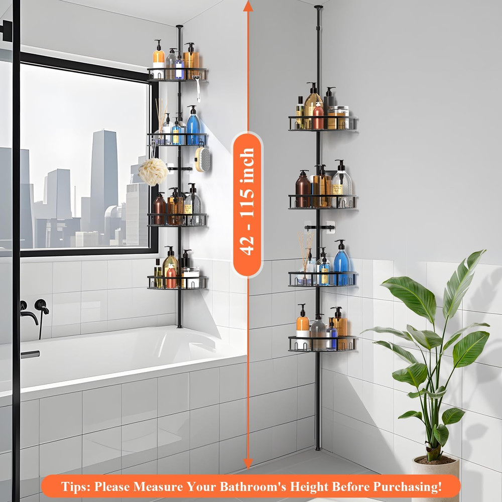 Rustproof 4-Tier Corner Shower Caddy with Adjustable Tension Pole - Black