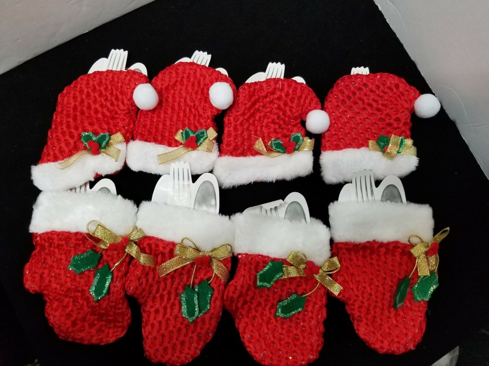 BEAUTIFUL CROCHET 8 PIECE SILVERWARE HOLDERS TABLE SETTING CHRISTMAS HOLIDAY