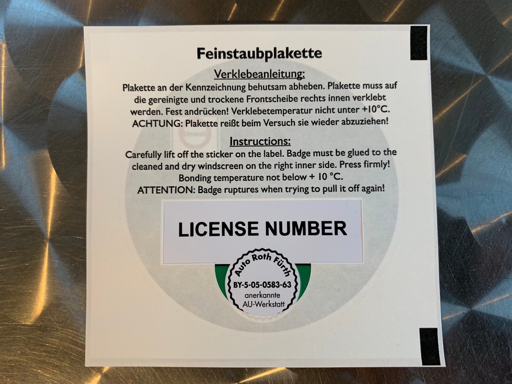 EMISSIONS DECAL - OFFICIALLY APPROVED GERMAN EMISSIONS STICKER ! LASER PRINTED
