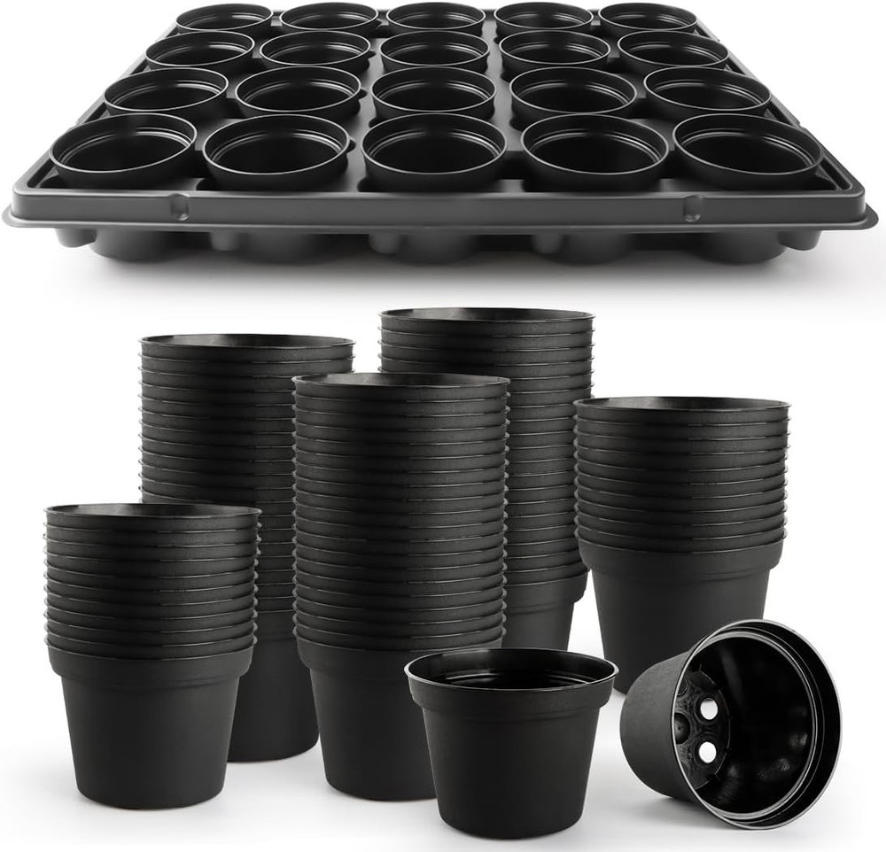 Durable 3" Plastic Plant Pots 100 Pcs + 5 Seed Starter Trays