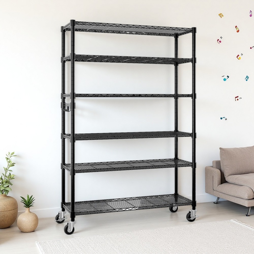 6-Tier Rolling Wire Shelving Unit - Heavy Duty, Adjustable, Hooks & Black