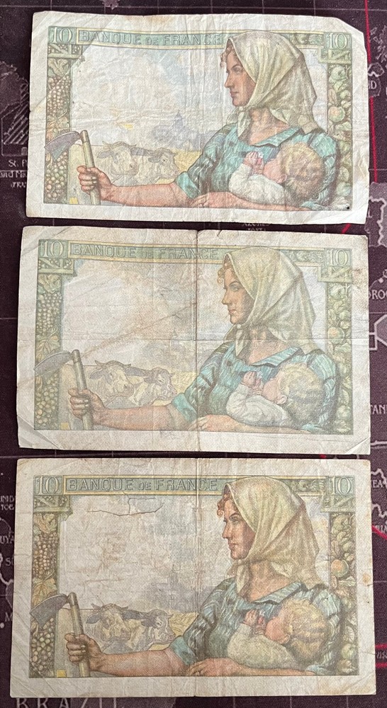 FRANCE 1942, '43 & '44 "LE MINEUR" 10 FRANC NOTES (3 NOTES IN ALL)