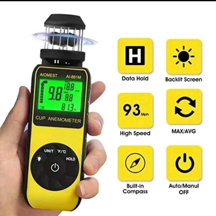 Handheld Wind Cup Anemometer with Direction, Digital Wind Speed Meter Gauge