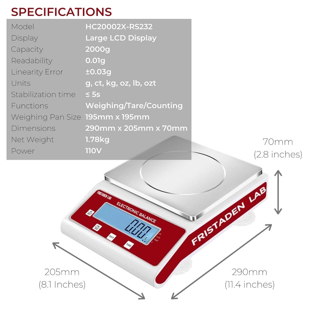 Fristaden Lab Gram Scale, Precision Analytical Balance 2000g x 0.01g RS232