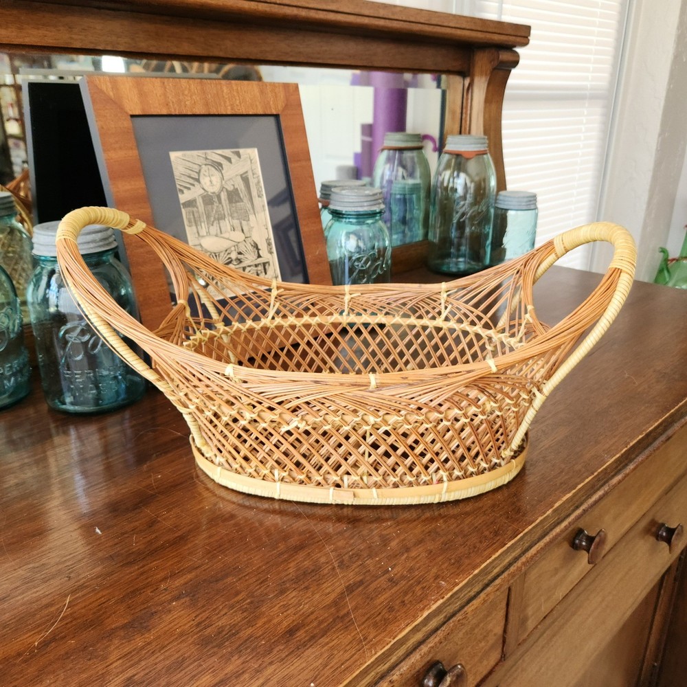 Vintage Wicker Peacock Basket Open Weave