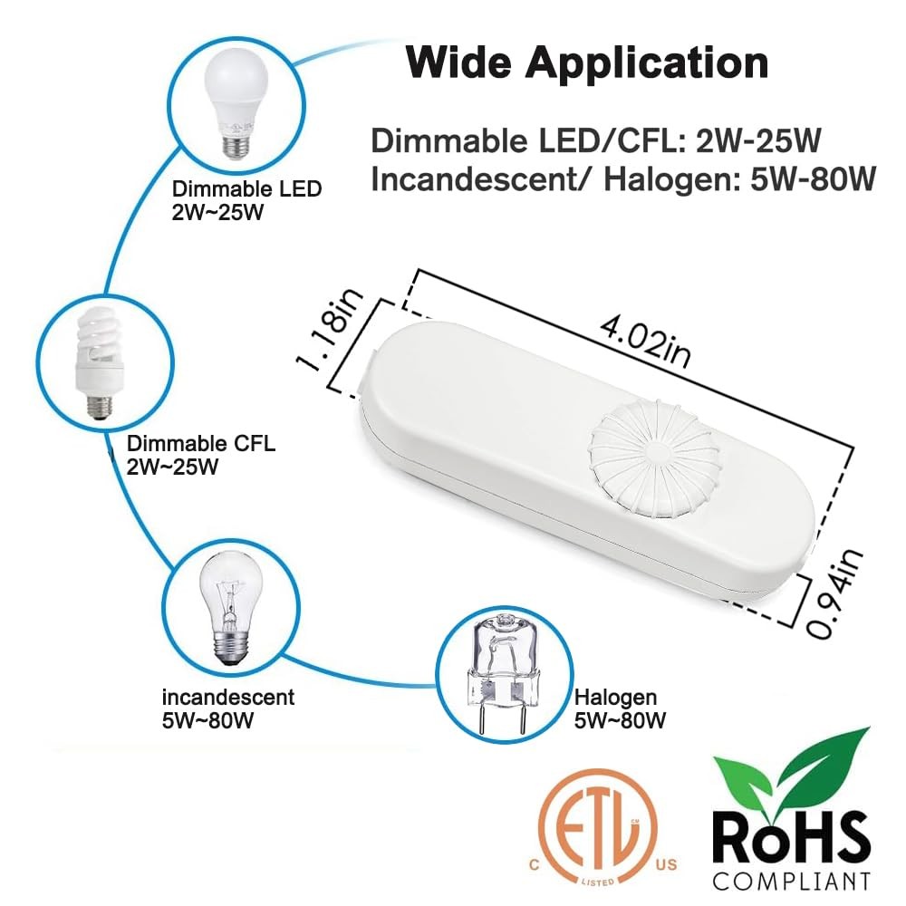Inline Dimmer Switch, Knob Lamp Dimmer, Cord Lights Switch White-1 Pack