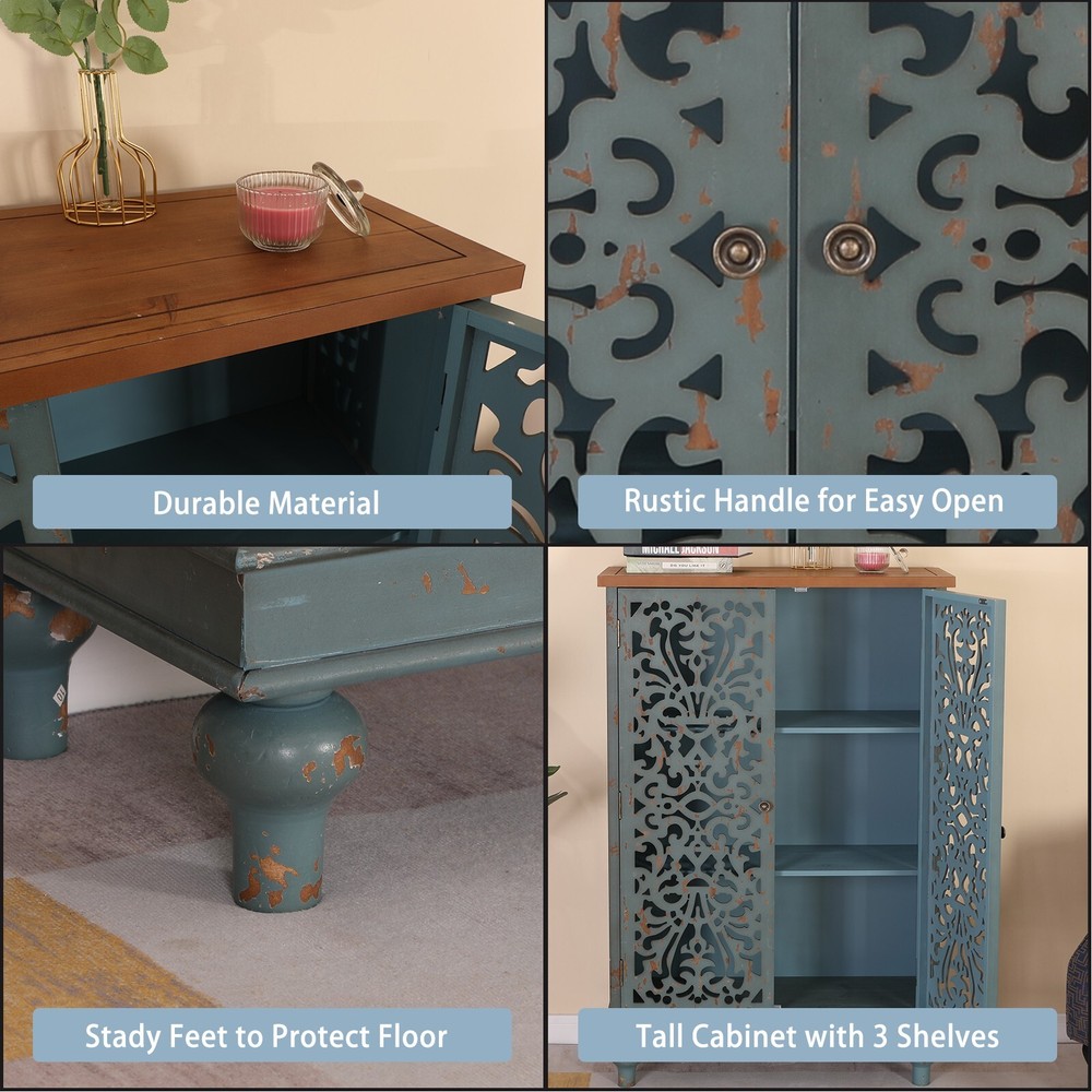 PHI VILLA 47.4" Tall Accent Distressed Cabinet Storage 2 Doors Handmade Rustic