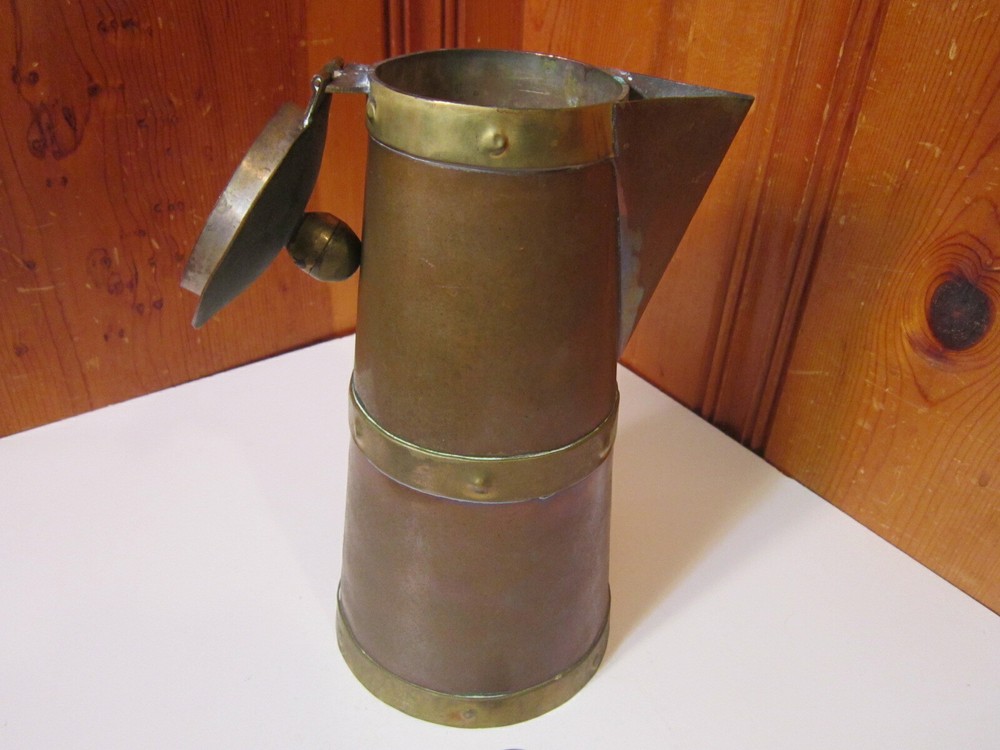 Vintage Handmade Copper Rustic Coffee Pot Hinged Lid Black Wood Side Handle EUC