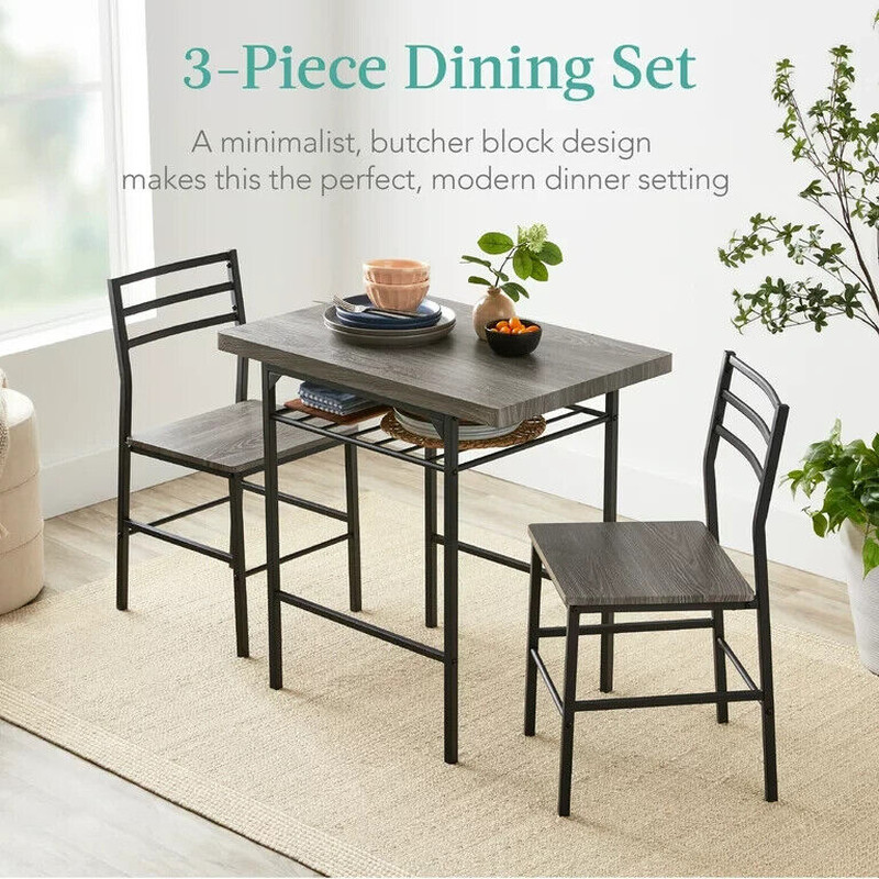 3 Piece Dining Set Gray Black Storage Compact Kitchen Dining Room Square Modern