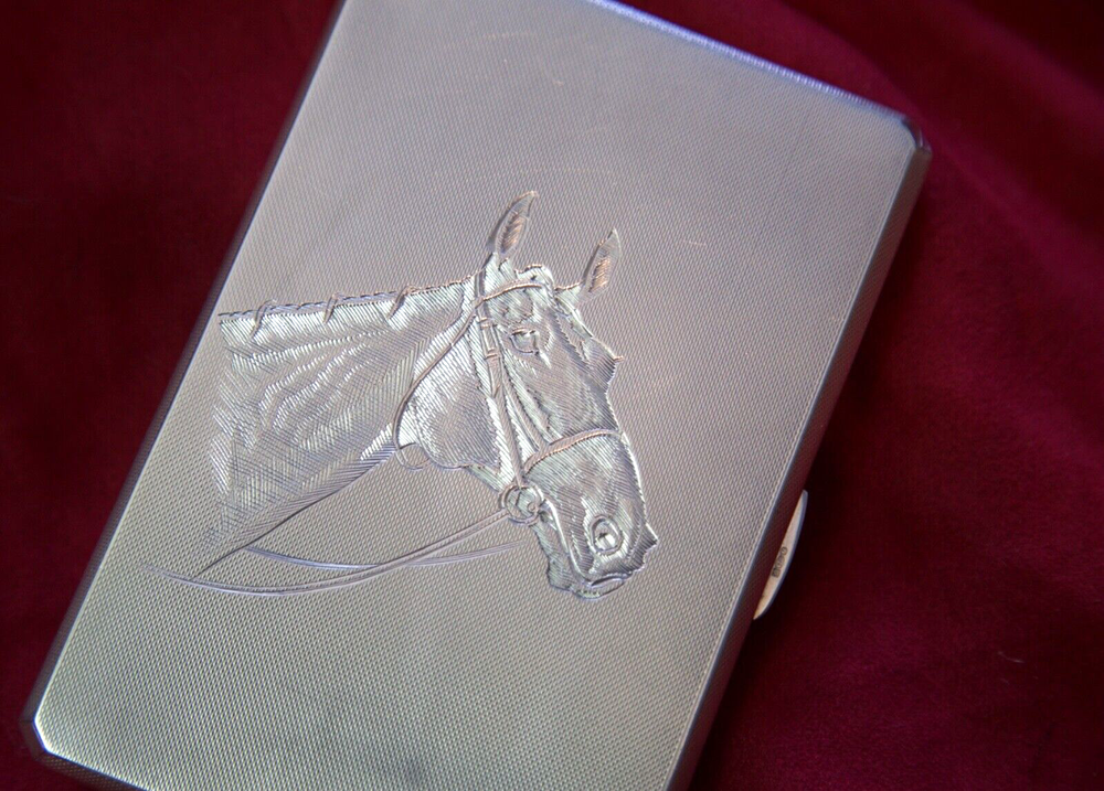 A Wilcox, Solid Sterling Silver Card, Cigar, Cigarette Case 1947 - Horse, Racing