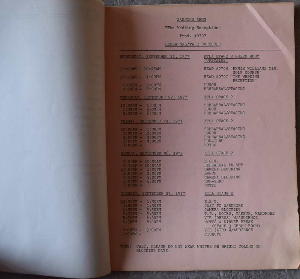 1977 Sanford Arms (The Wedding Reception) Original Screenplay Script