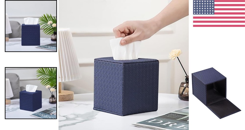 Artistic Navy Square Tissue Box Holder with Magnetic Closure - Versatile Decor