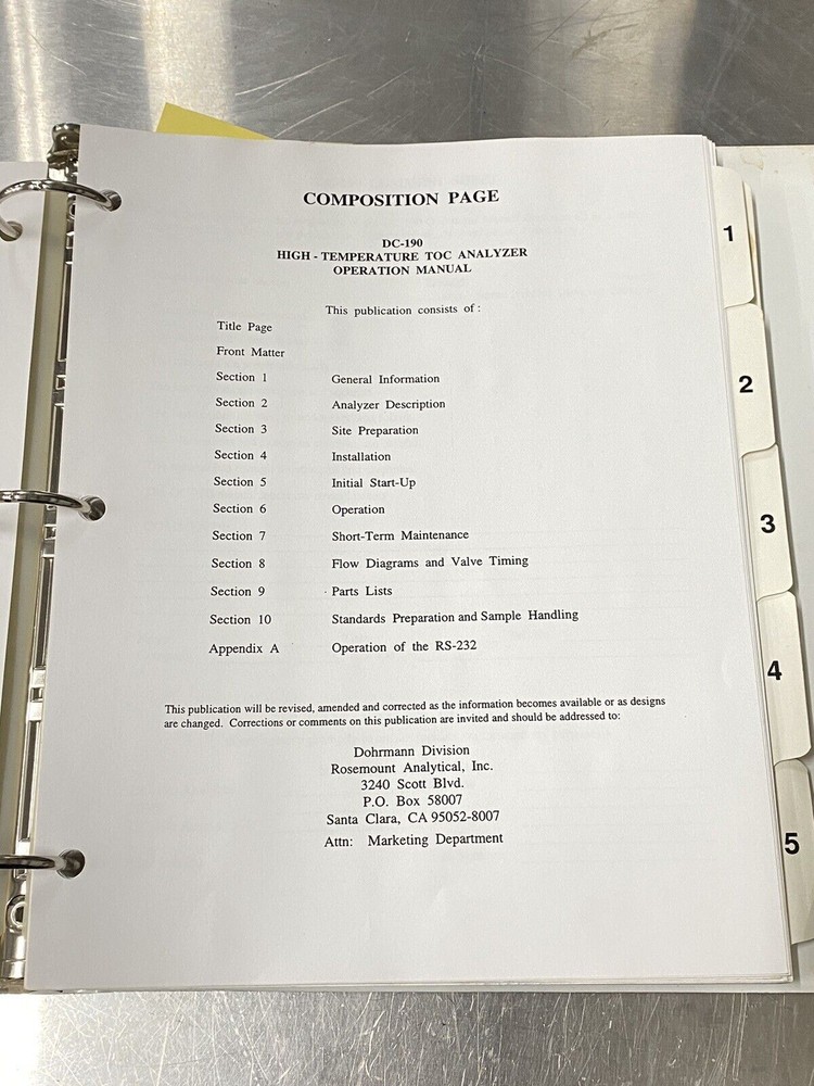 Dohrmann DC-190 High Temperature TOC Analyzer - Users Guide / Instruction Book