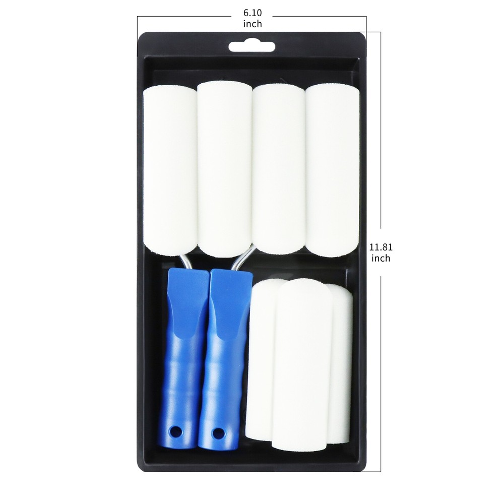 XDT Foam Paint Roller 10Pc Set 7Pc 4" Replacement Roller 2Pc Handle 1Pc Tray