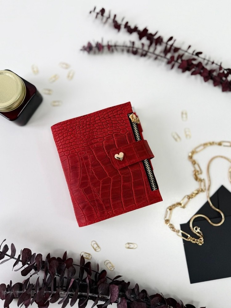 Mini red leather notebook-wallet cover A7 Big rings mini wallet. Mini Planner.