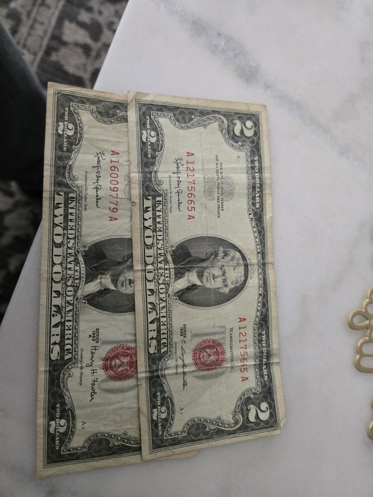 1963 2 Five Dollar & 2 Two Dollar Bills - Red Seal