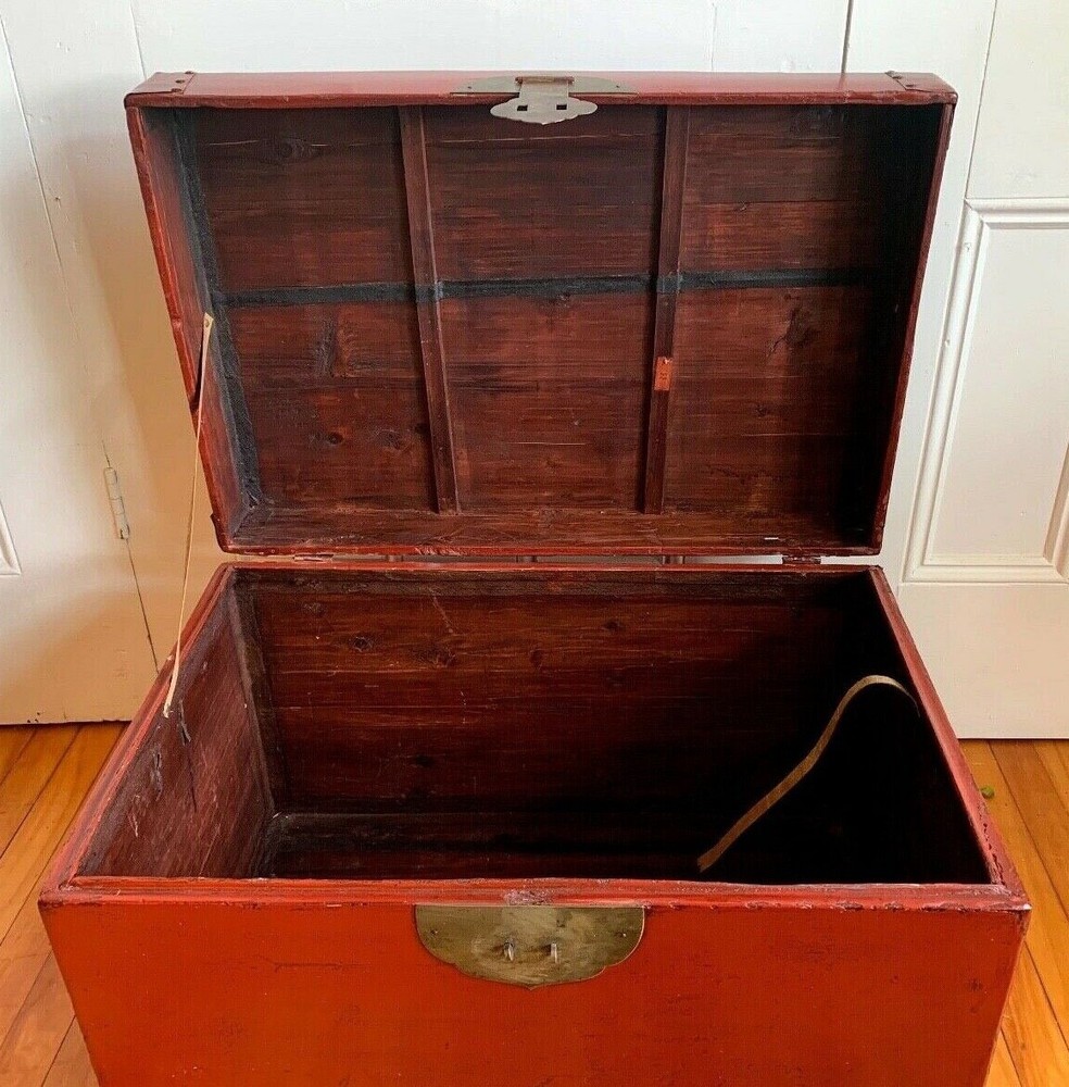 Antique Chinese TRUNK Red Leather
