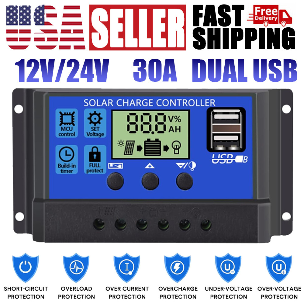 30A Solar Charge Controller 12V/24V LCD Dual USB Battery Regulator