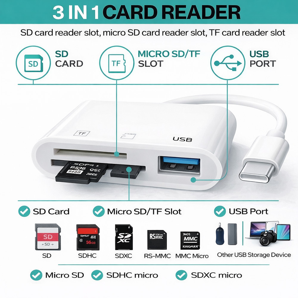 USB C SD Card Reader for iPhone iPad Android Mac Micro SD SDHC SDXC