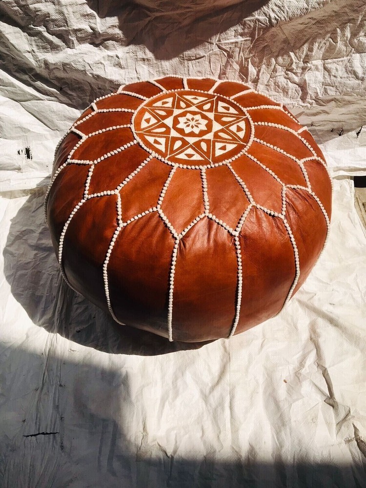 Leather Brown Ottoman Handmade Footstool Pouf Genuine Boho Pouffe Moroccan