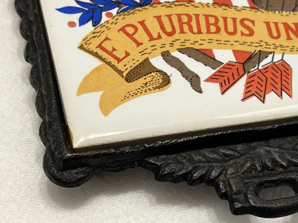 Vintage Kitchen Patriotic Tile Trivet E Pluribus Unum Eagle Bugle Cast Iron