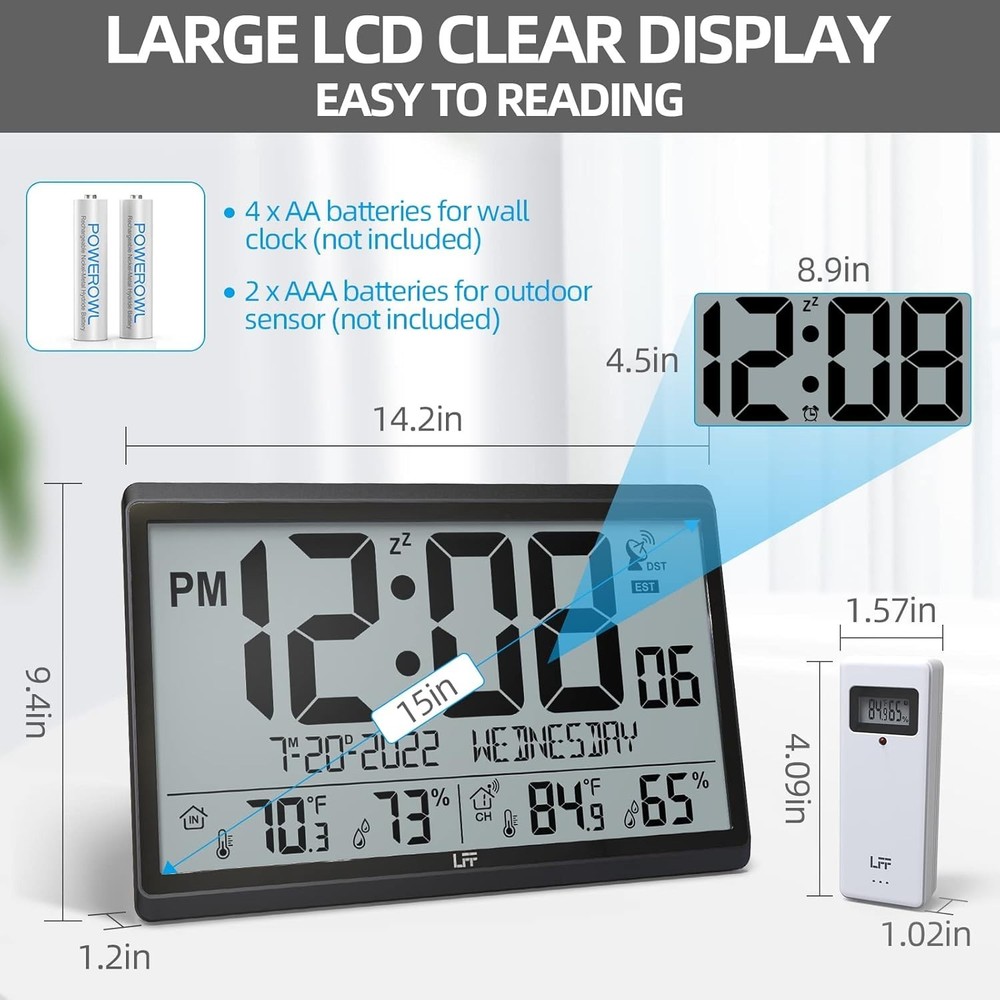 Atomic Wall Clock, 15" Large Display, Temp/Humidity, Wireless Sensor, Easy Read