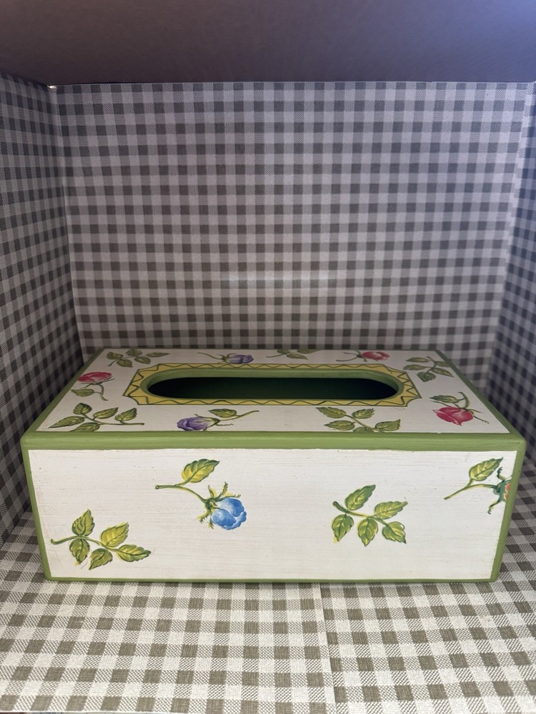 Vintage 80s Floral Kleenex Tissue Holder Rectangular Wooden Box