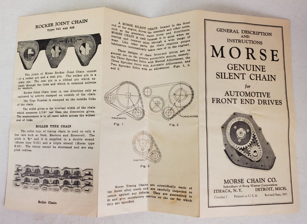 1937 Morse Chain Co Front End Drives Silent Chain Description & Instructions VG