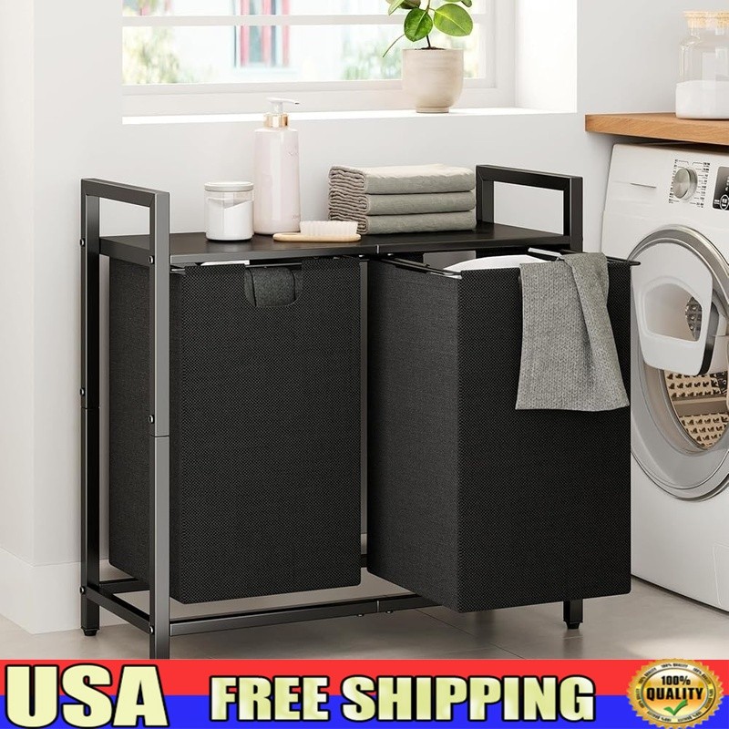 Dual Compartment Laundry Hamper W/ Pull-Out Bags Shelf Organizer Durable Fabric