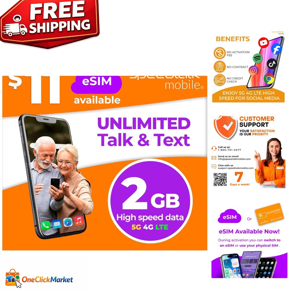 SpeedTalk Prepaid Unlimited Talk & Text Plan + 2GB 5G/4G LTE Data SIM Card