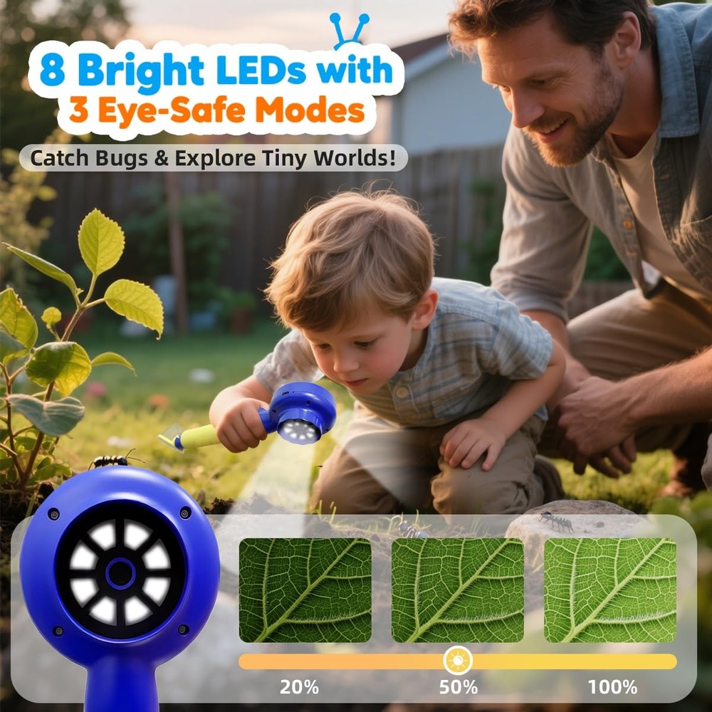 Kids Microscope with Bug Catcher Kit, 1080P Digital Mini Handheld Blue