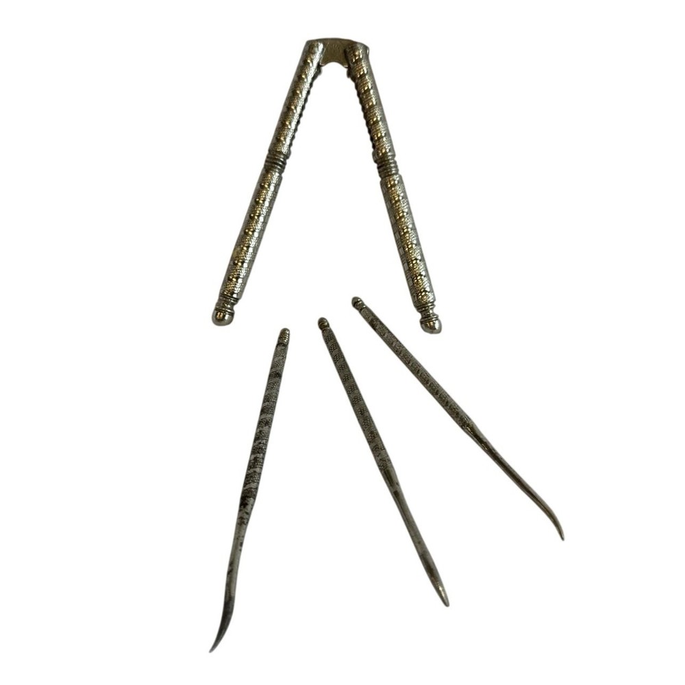 Vintage Silver Tone Nut Cracker Set with Picks Ornate Engraved Design