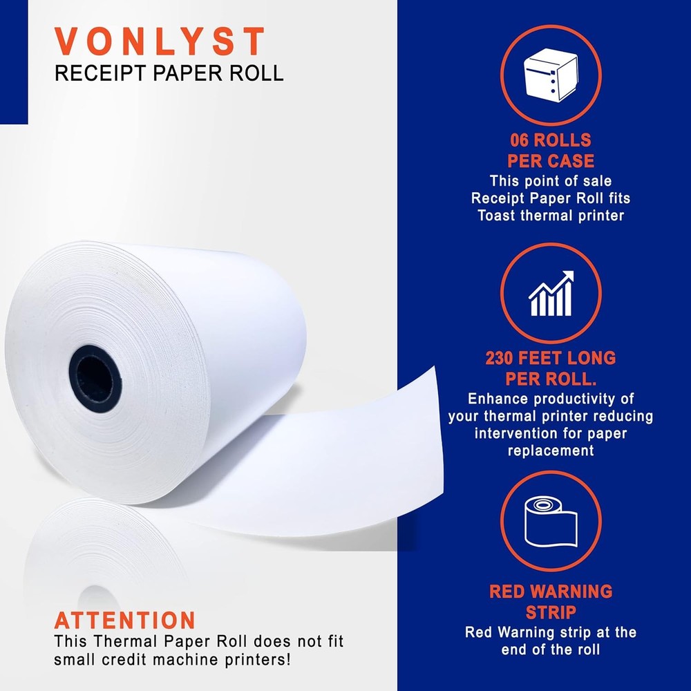 Thermal Printer Paper Rolls 06 Pack for Toast TP200 POS