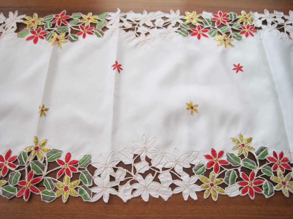 Pretty Red Golden Thread Flower Embroidery Cutwork Ivory Table Runner XL
