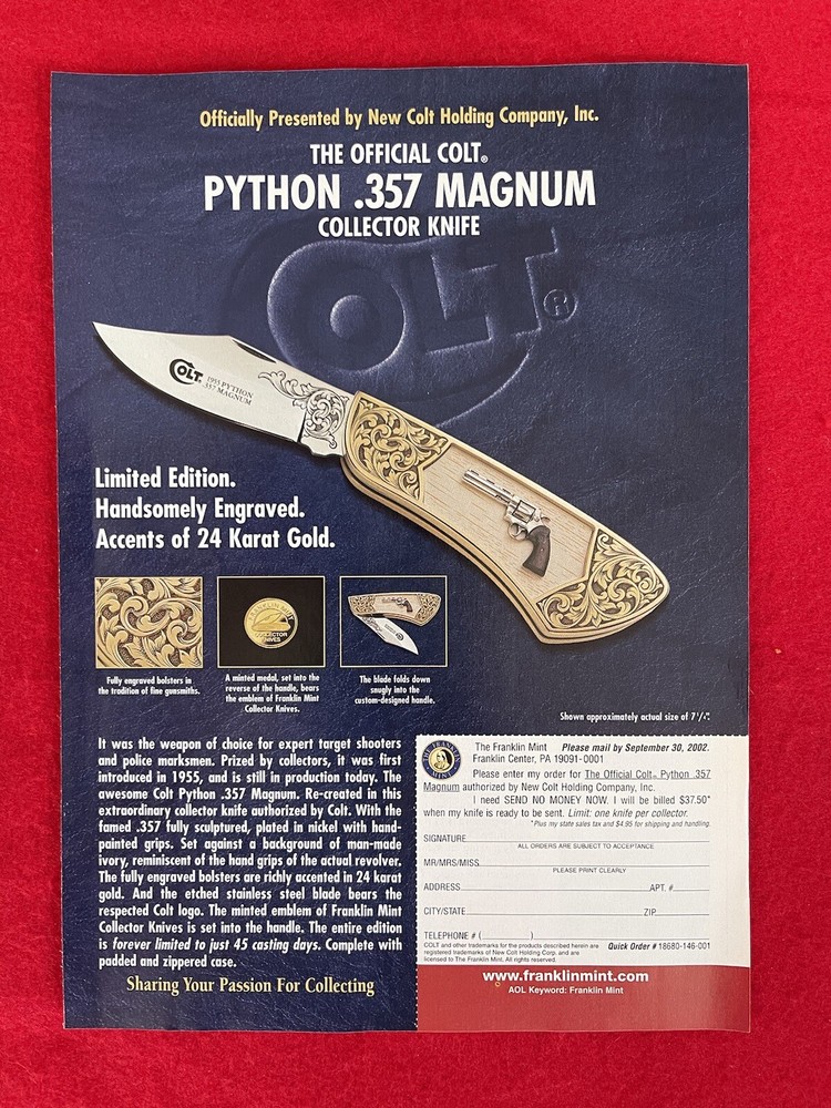 Print Ad For Colt Python .357 Magnum Collector Knife Advertisement