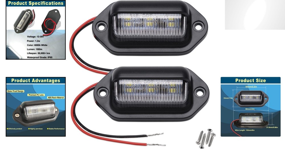 Energy-Efficient 2PCS Xenon White LED License Plate Lights - Waterproof