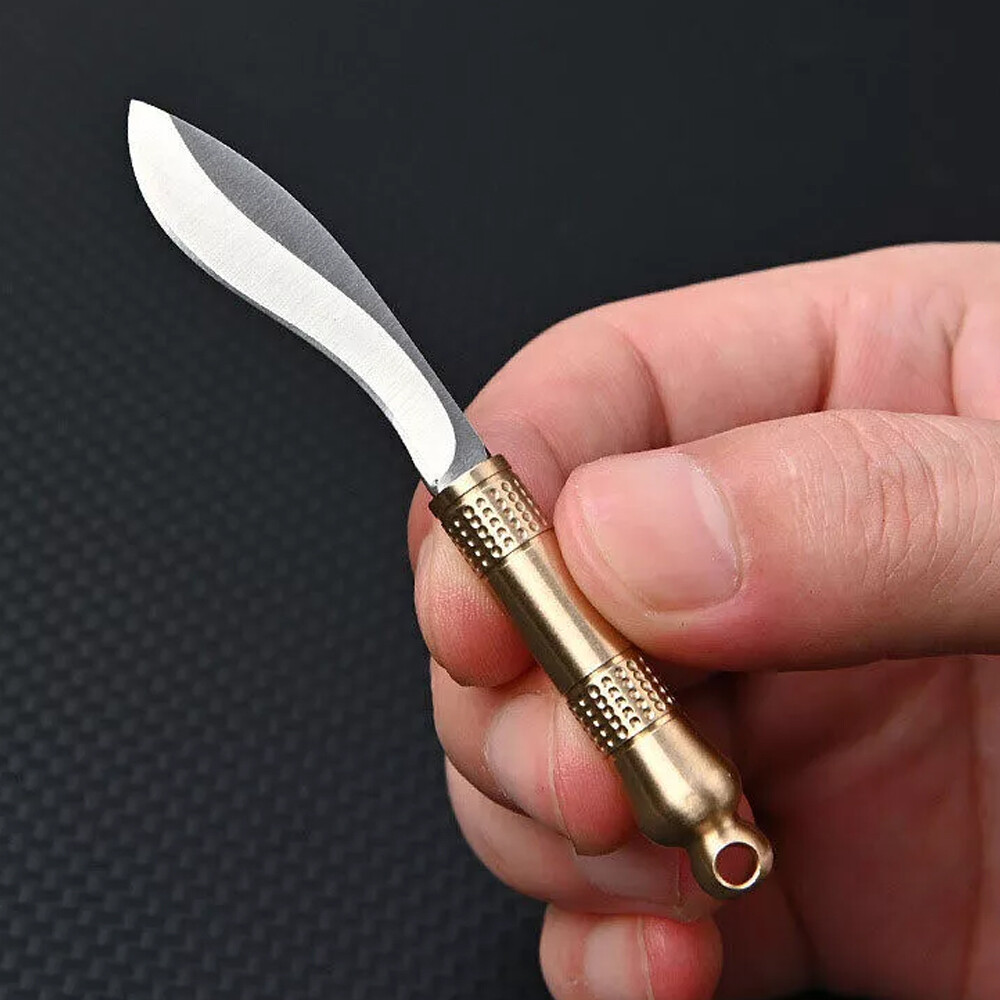 Mini Fixed Blade keychain Brass Leather Sheath Outdoor Camping EDC Tool U