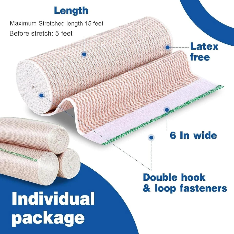6" Wide Cotton Elastic Compression Bandage Body Wrap Hook/Loop 5 Pack