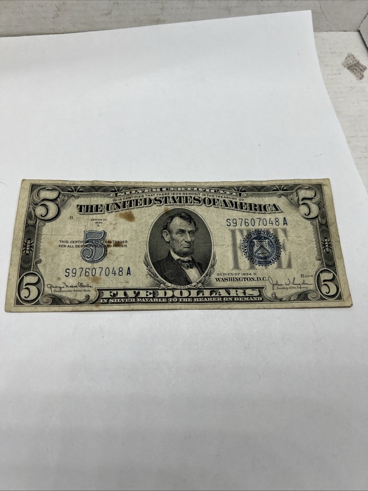 1934 D $5 Five Dollar US Silver Certificate VG Details #048