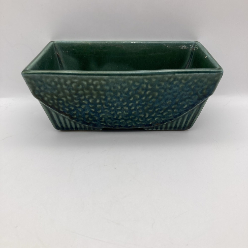 Vintage USA Pottery #75 Rectangular Iridescent Green Planter Footed Embossed