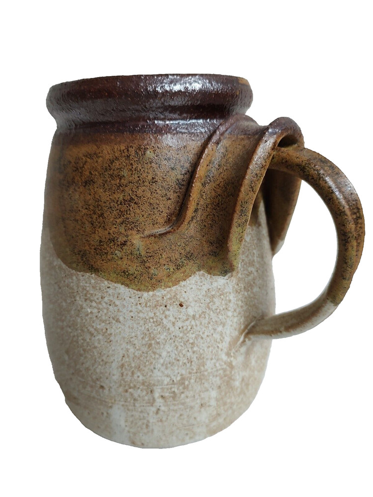 Art pottery pitcher Unusual applied overlapping handles 7" Signed