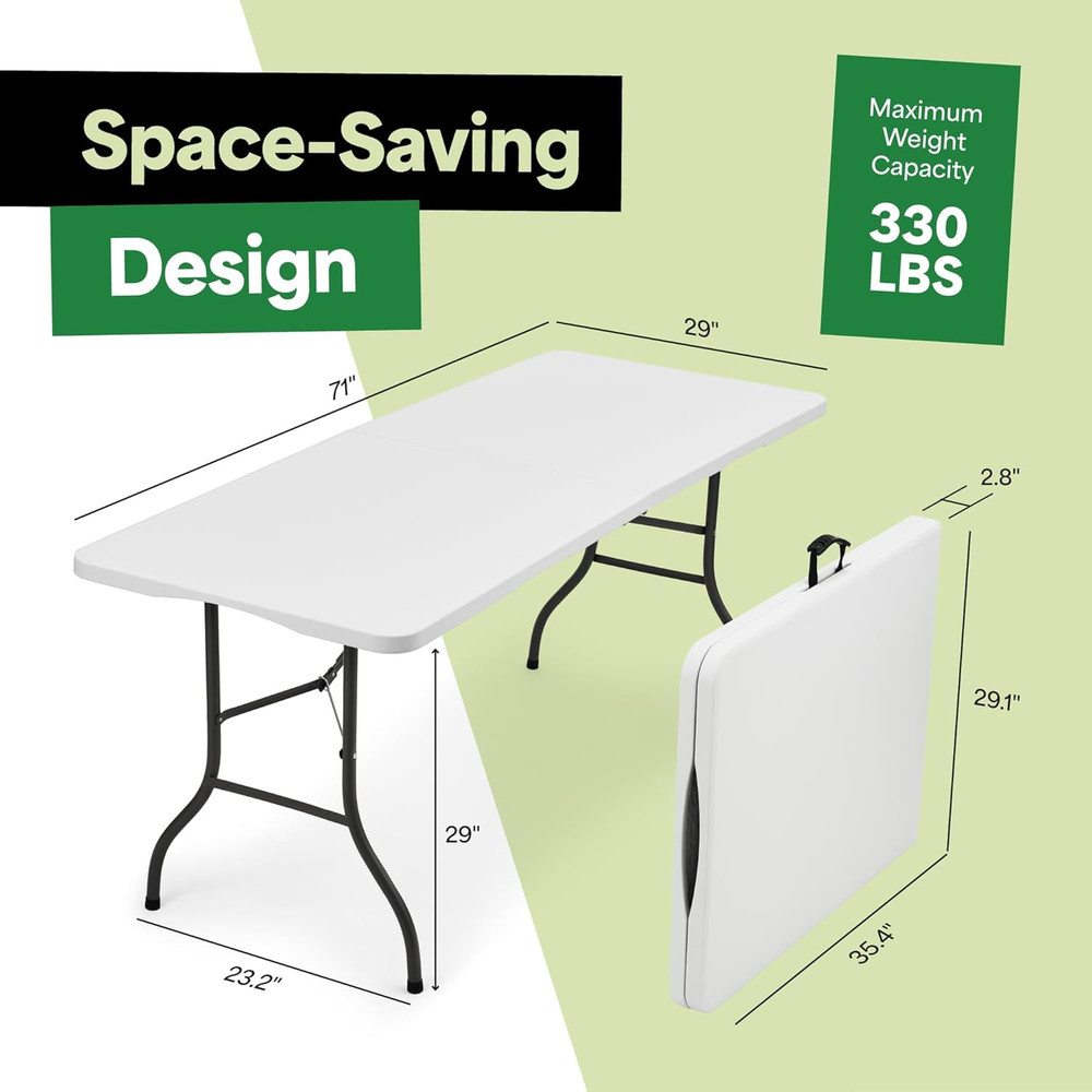White 6Ft Folding Table with Handle | Heavy-Duty Foldable Table | Portable Table
