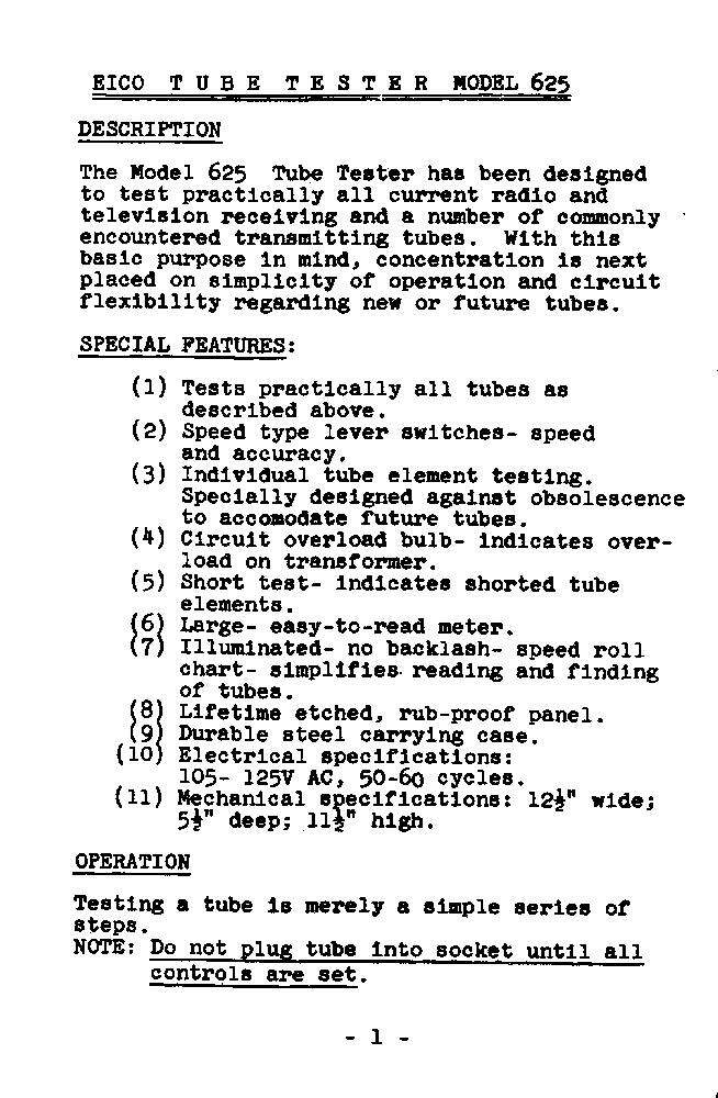 Construction Manual Fits EICO 625 Tube Tester