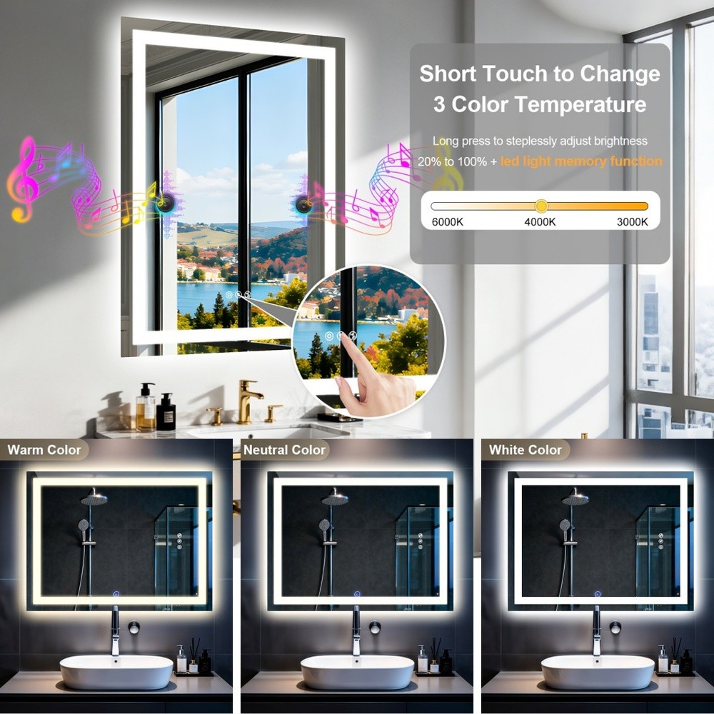 Smart Bluetooth Bathroom Mirror with Double Speakers Backlight Stepless Dimming