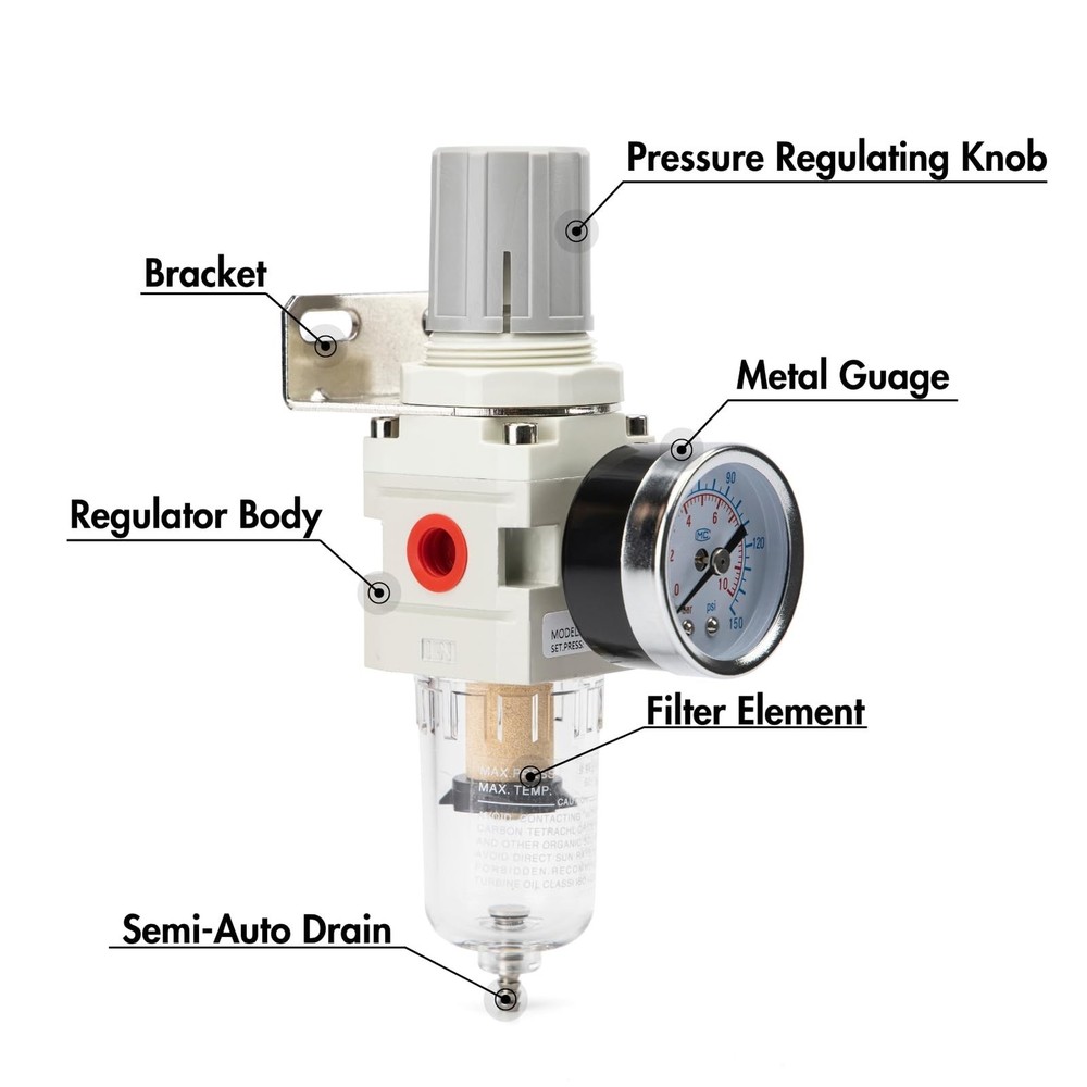 1/4" NPT Compressed Air Combination Filter Regulator Combo - Regulator, Filte...