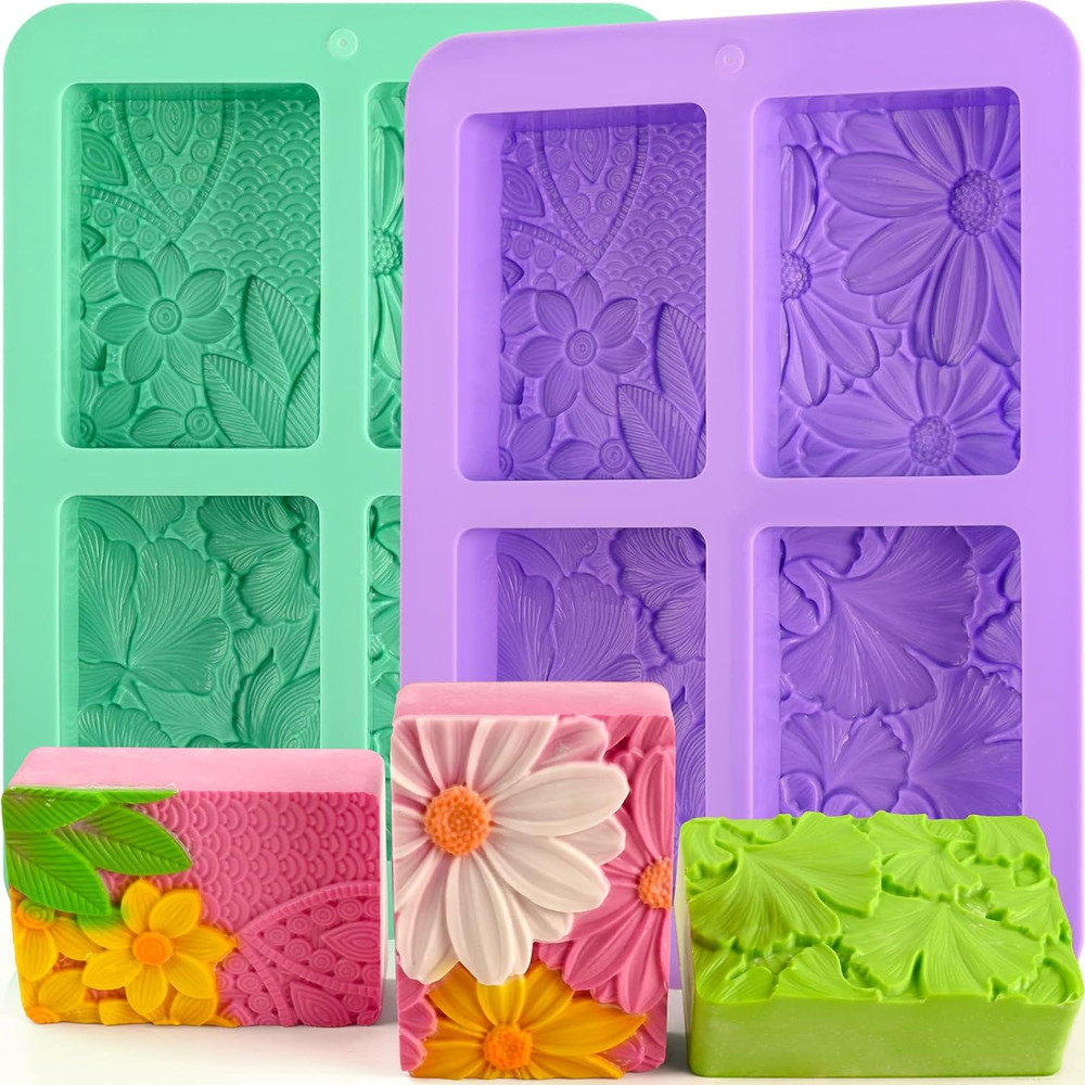 2 Pack Silicone Soap Molds, Rectangle Soap Making Mold, 3D Rectangular Flower Pa
